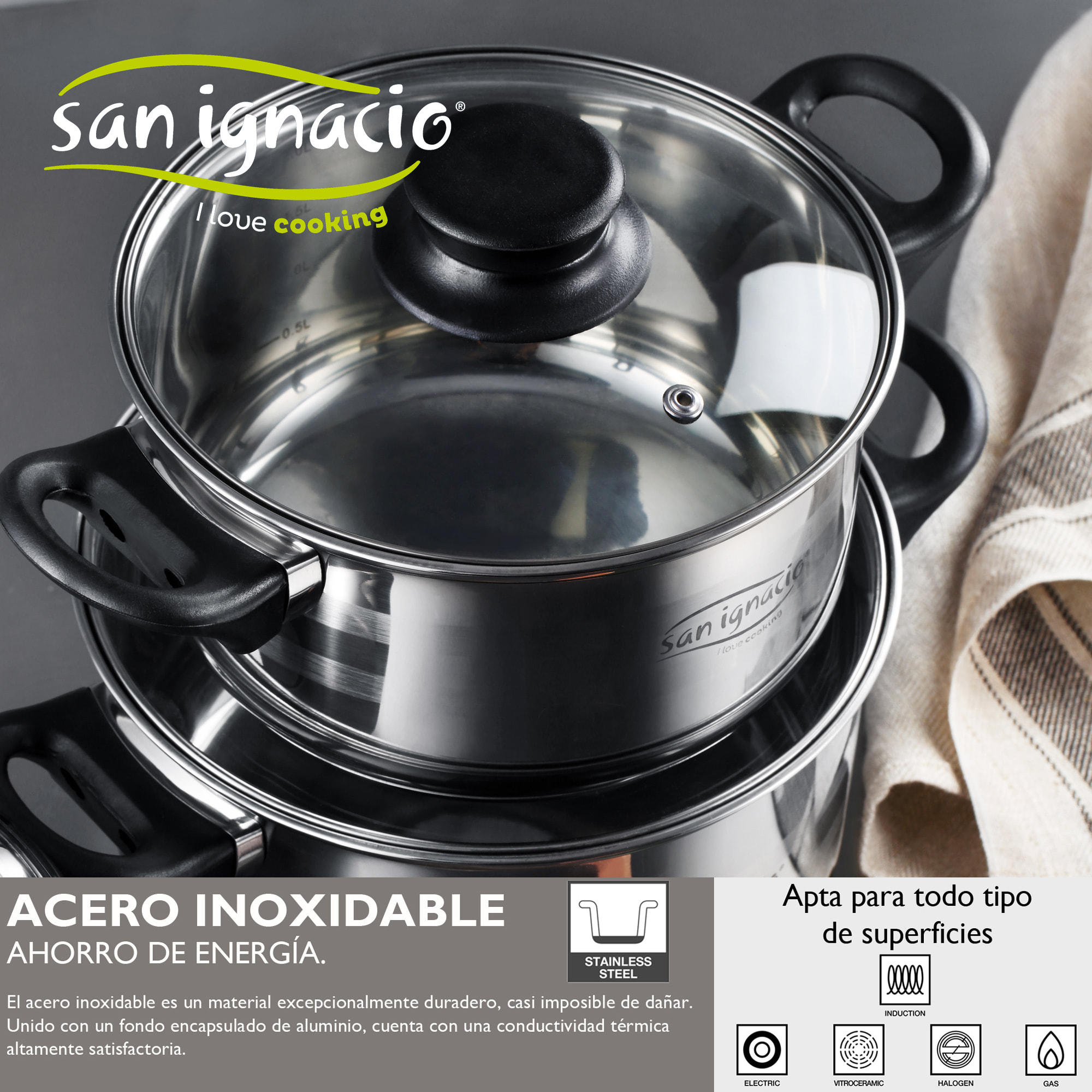 Set San Ignacio: Juego de tres sartenes +  Batería de cocina 8 piezas