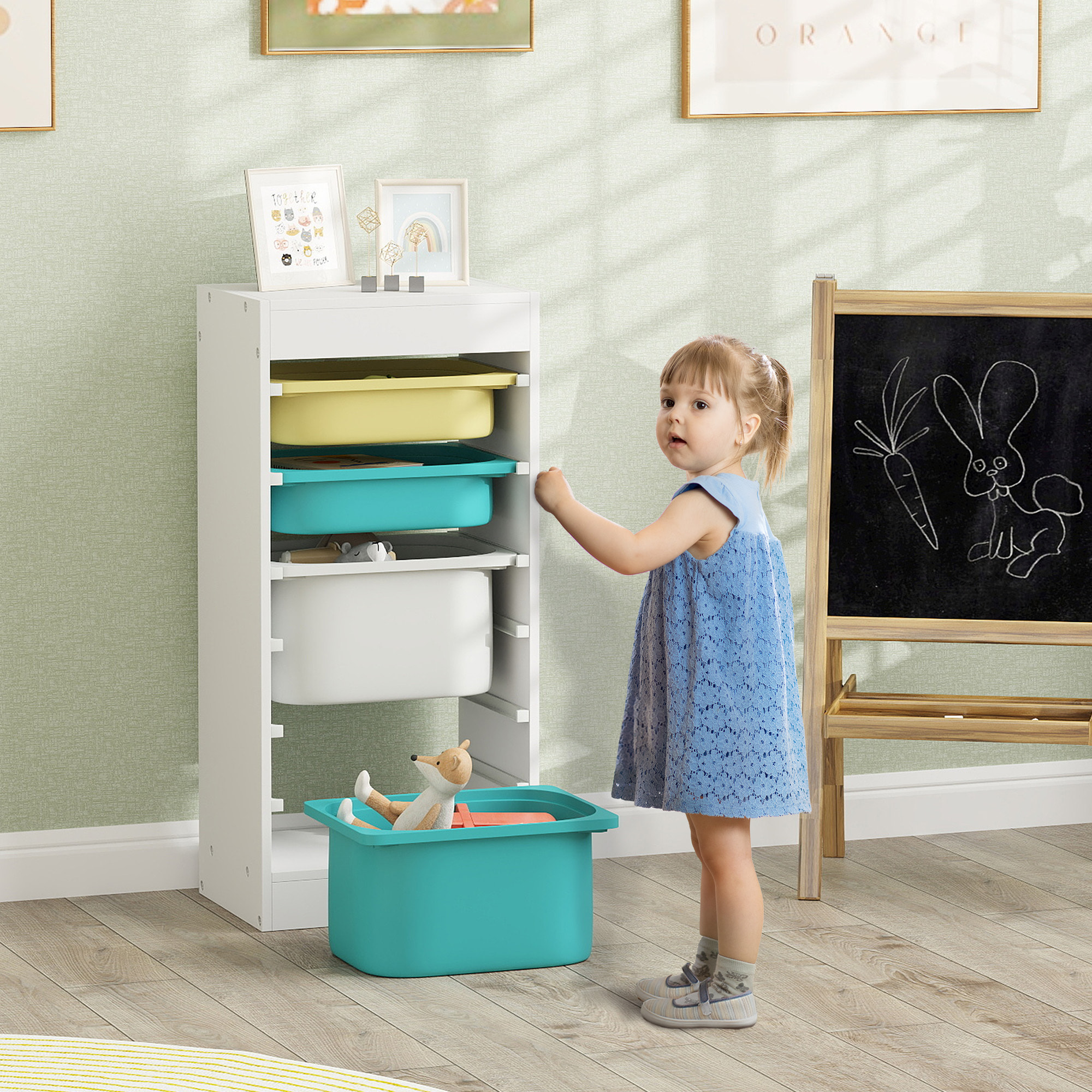 Rangement enfant - combinaison structure + bacs - coffre à jouet dim. 40L x 30l x 90H cm - blanc jaune bleu