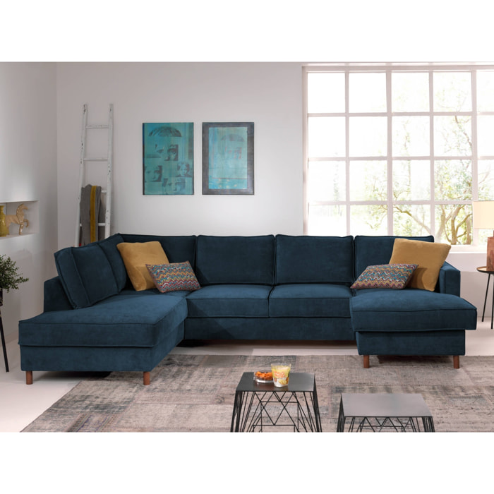 Jake - canapé panoramique d'angle gauche - convertible avec coffre - 7 places - en velours côtelé - Bleu Ardoise