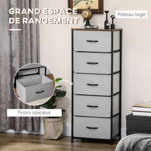 Chiffonnier meuble de rangement 5 tiroirs - dim. 45L x 30l x 116H cm - structure acier noir tissu pliant gris