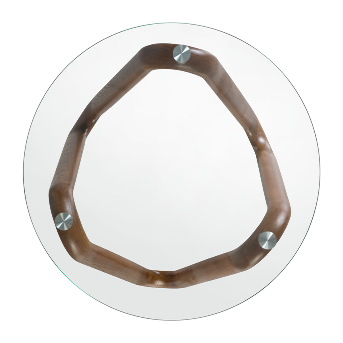 Mesa centro redonda con tapa de cristal templado y patas de madera en nogal 115x115x38cm