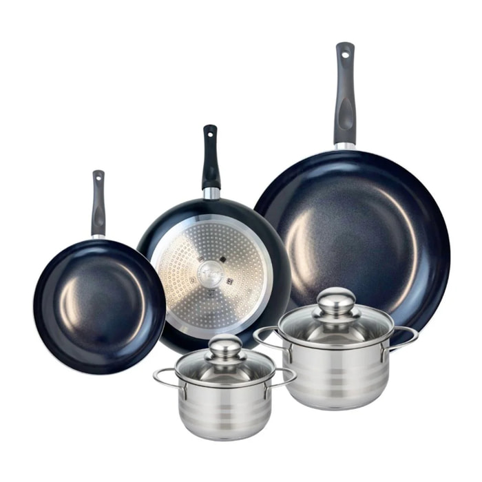 Ensemble de 3 Poêles de cuisson 20, 24 et 32 cm et 2 faitouts 14 et 16 cm Elo Prima Brillant