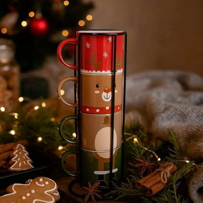 Intrecci – Set 4 tazzine da caffè natalizie in porcellana con supporto impilabile
