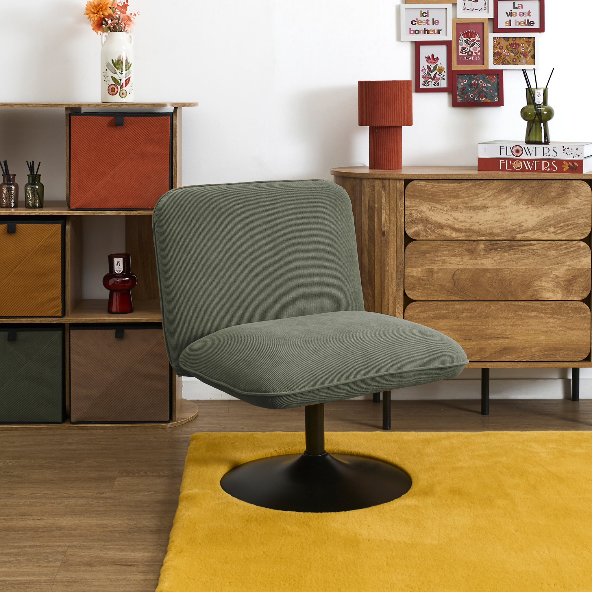 Fauteuil - HOME DECO FACTORY - Jules - Pivotant - Velours Côtelé - Vert