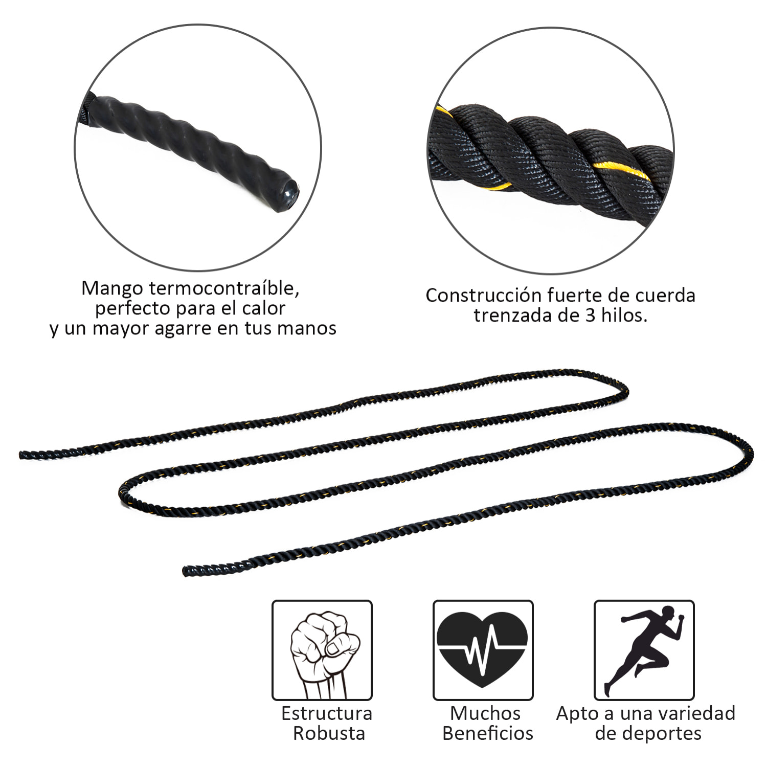Cuerda de Batalla Ø38 mm Longitud 9 m Battle Rope Formación Battling Power Cuerda Ejercicio Fitness Deporte Poliéster Ultra Resistente Negro