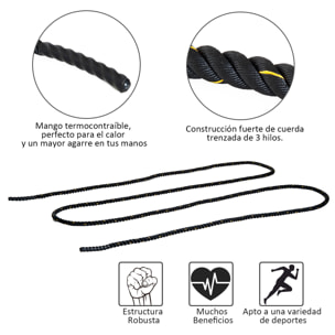 Cuerda de Batalla Ø38 mm Longitud 9 m Battle Rope Formación Battling Power Cuerda Ejercicio Fitness Deporte Poliéster Ultra Resistente Negro