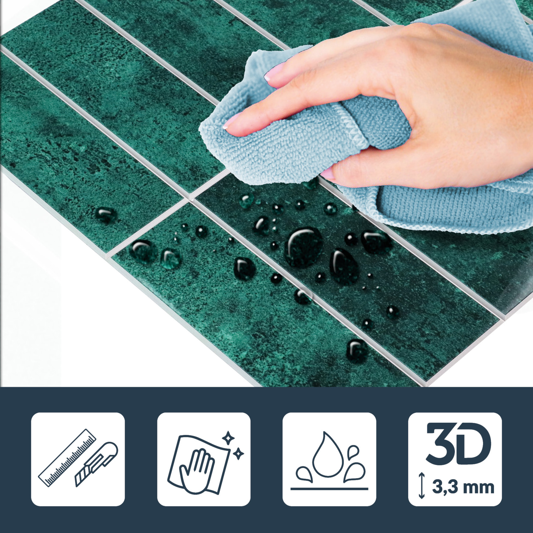 Crédence adhésive murale 3D  - Effet carrelage 4 pièces - Vert emeraude
