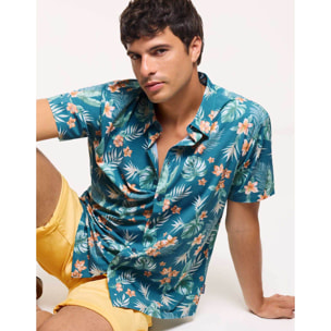 Camisa Flores Manga Corta Azul - Fiji