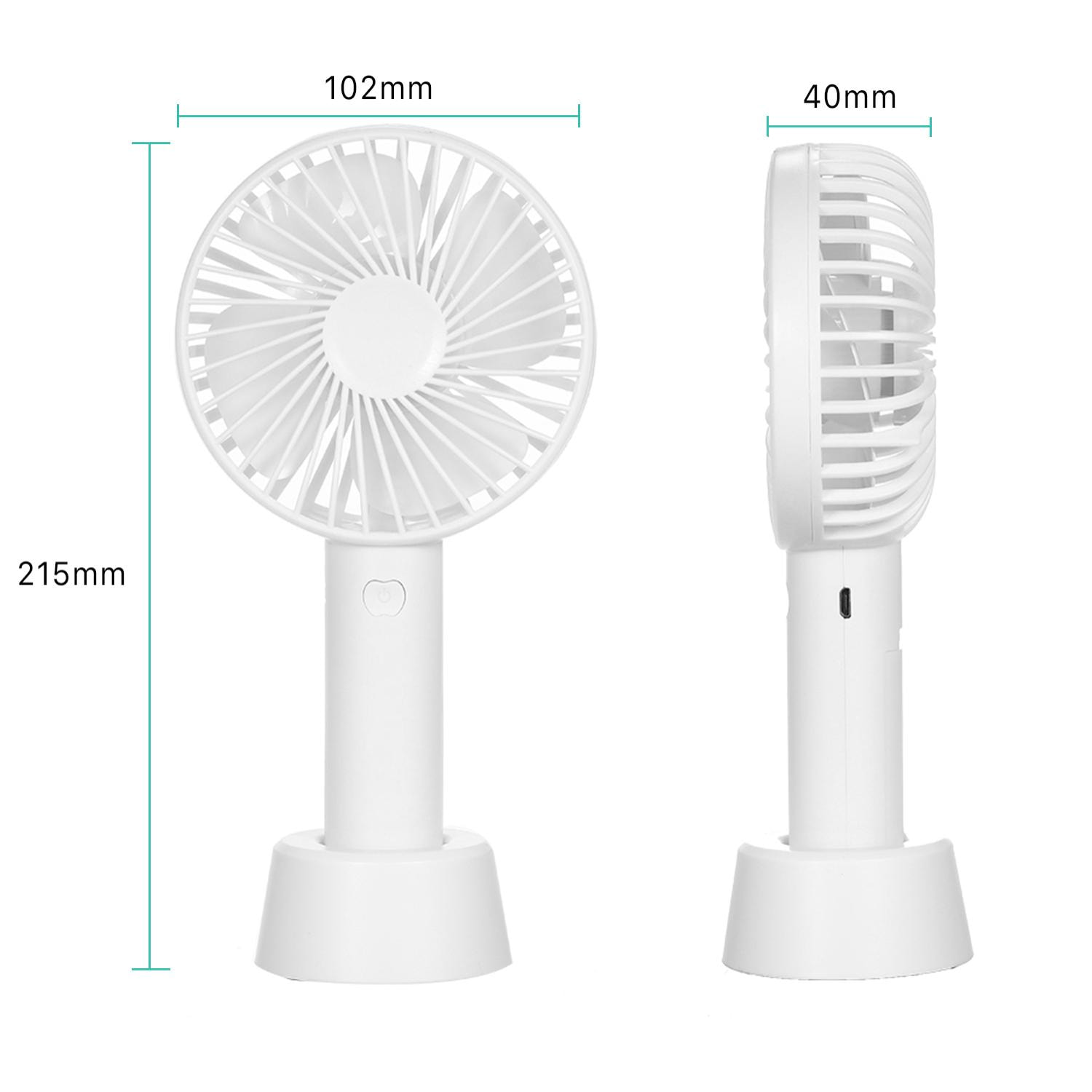 Mini ventilador portátil con batería y soporte de sobremesa.