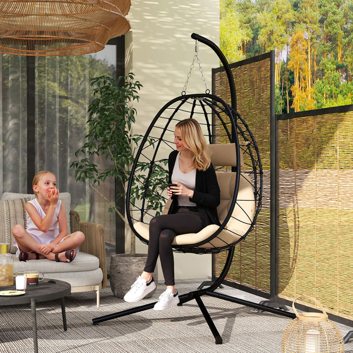 Silla Colgante Huevo con Soporte Columpio Jardín Exterior con Cesta Plegable Cojín y Reposacabezas Columpio Colgante para Interior y Exterior Carga 120 kg Caqui