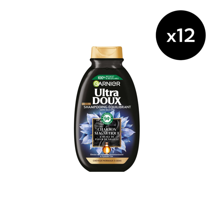 Lot de 12 - Garnier Ultra Doux Shampooing Equilibrant Charbon Magnétique 250ml