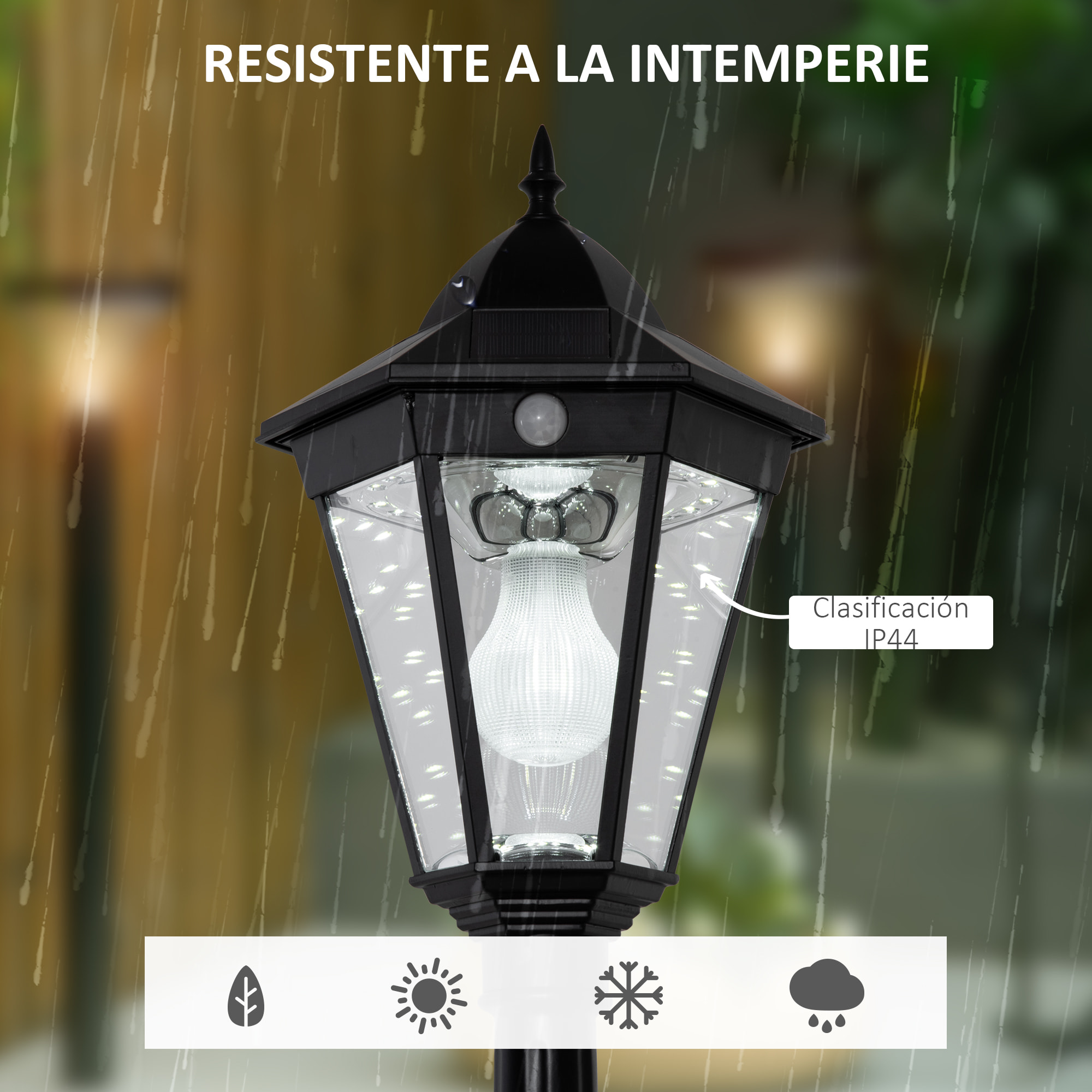 Farola Solar Luz Solar de Exterior con Panel Solar Encendido y Apagado Automático Resistente a la Intemperie Marco de Aluminio IP44 para Terraza Patio 22x22x194 cm Negro