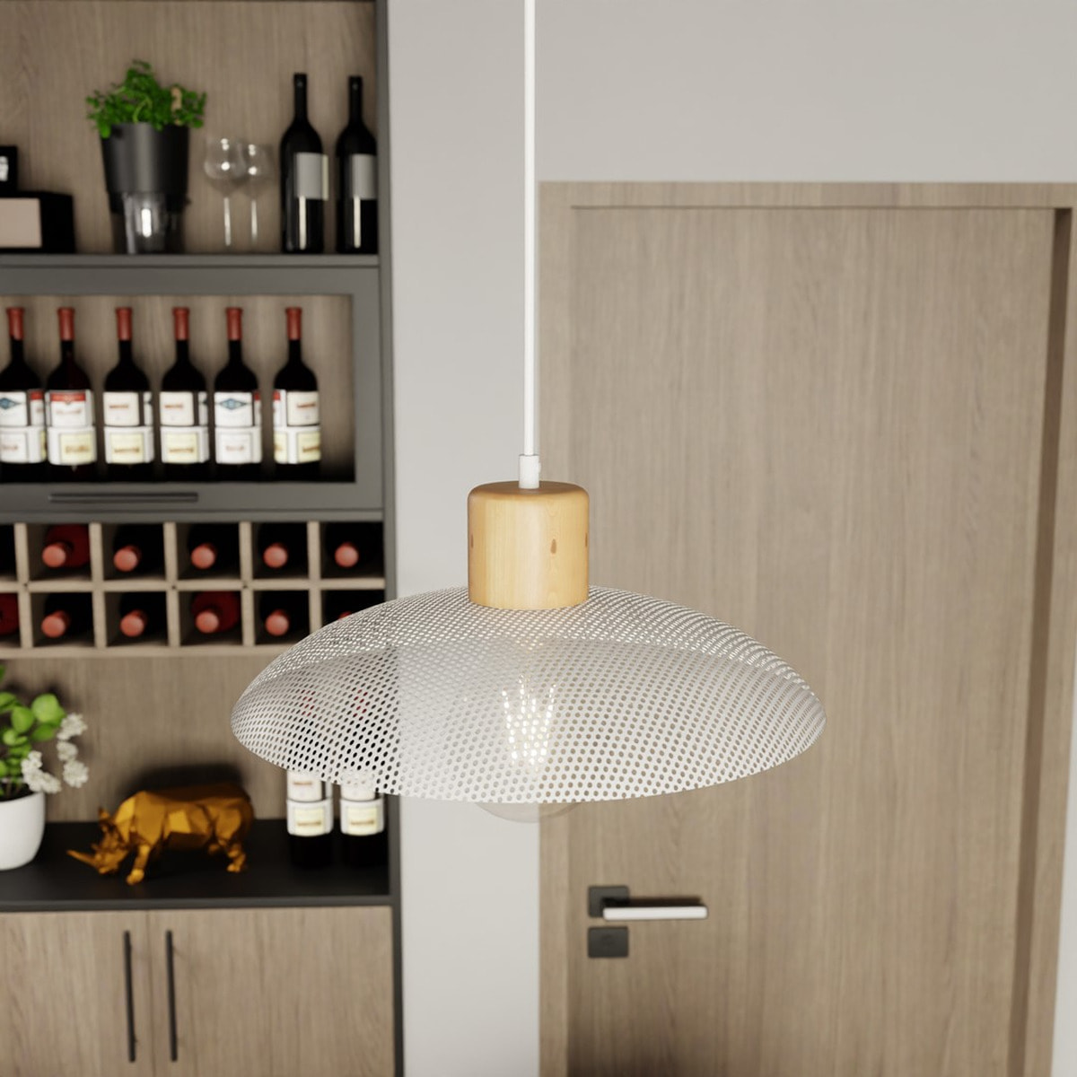 Lampada a sospensione KOBE in acciaio bianco e legno naturale