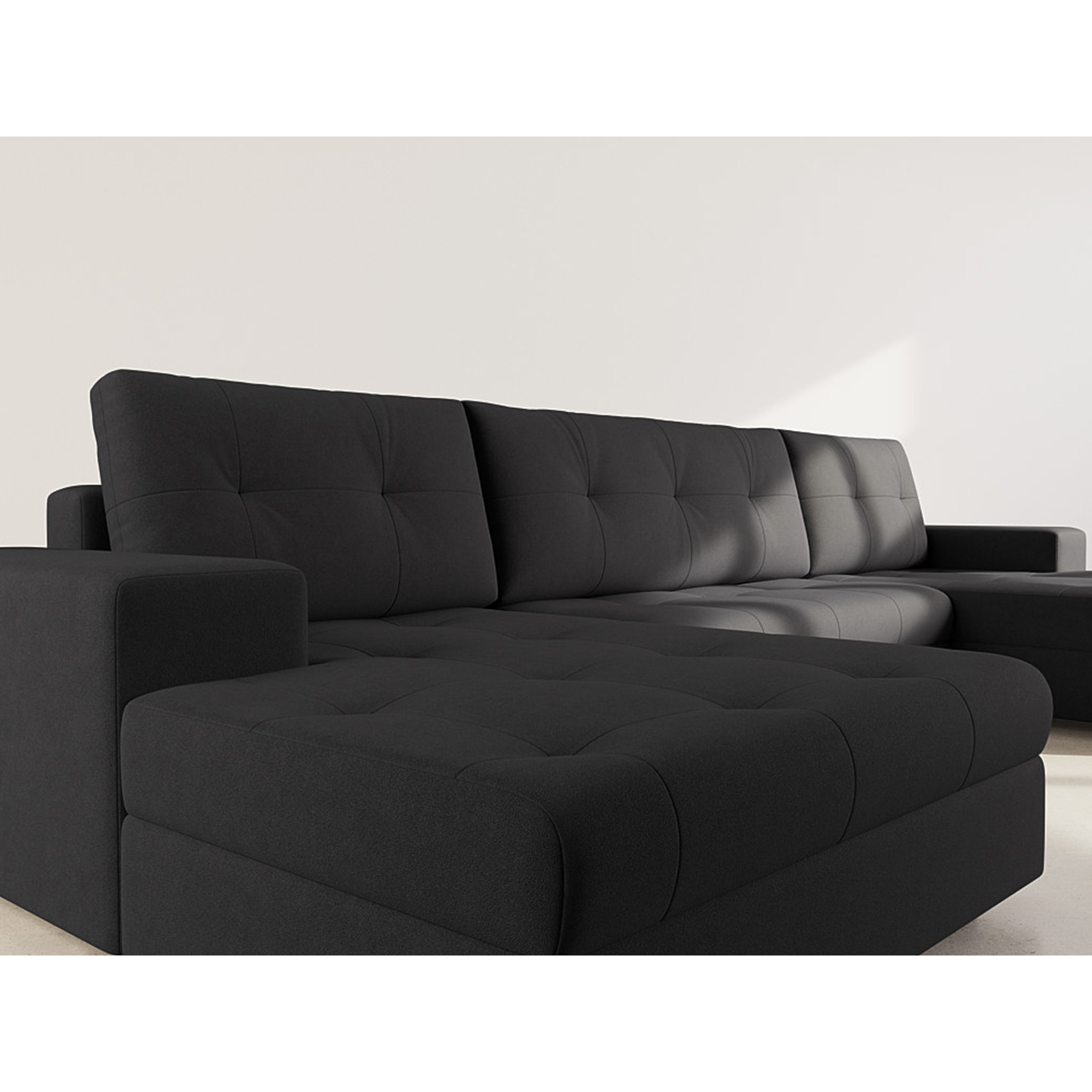 Bastian - canapé panoramique en U 7 places convertible avec coffre en velours texturé - Noir