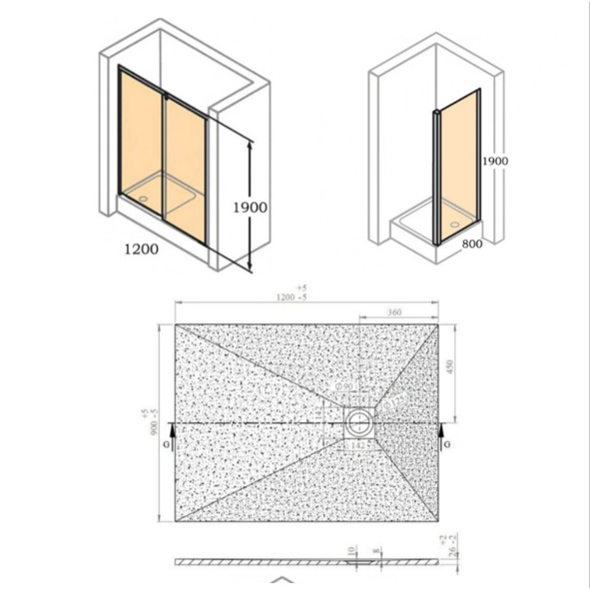 Pack : Porte coulissante 120cm + Paroi latérale 80cm +  Receveur 120x80cm(Huppe2-12080WH)