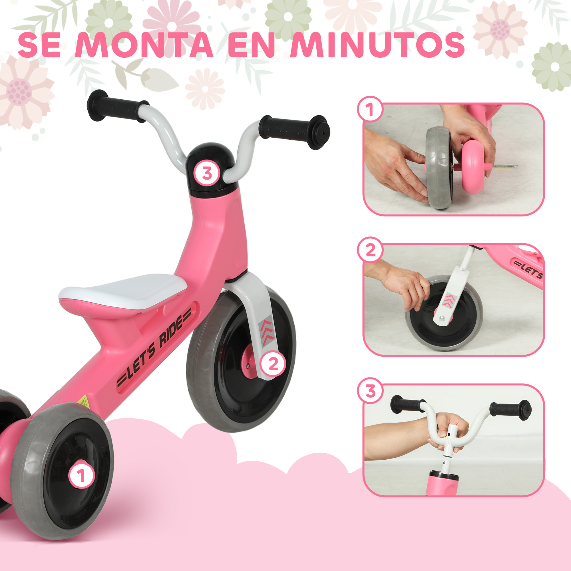 Bicicleta sin Pedales para Niños de 12 a 36 Meses, Bicicleta de Equilibrio con Ruedas Silenciosas y Resistentes a Pinchazos, Manillares con Giro Limitado a 60°, Rosa