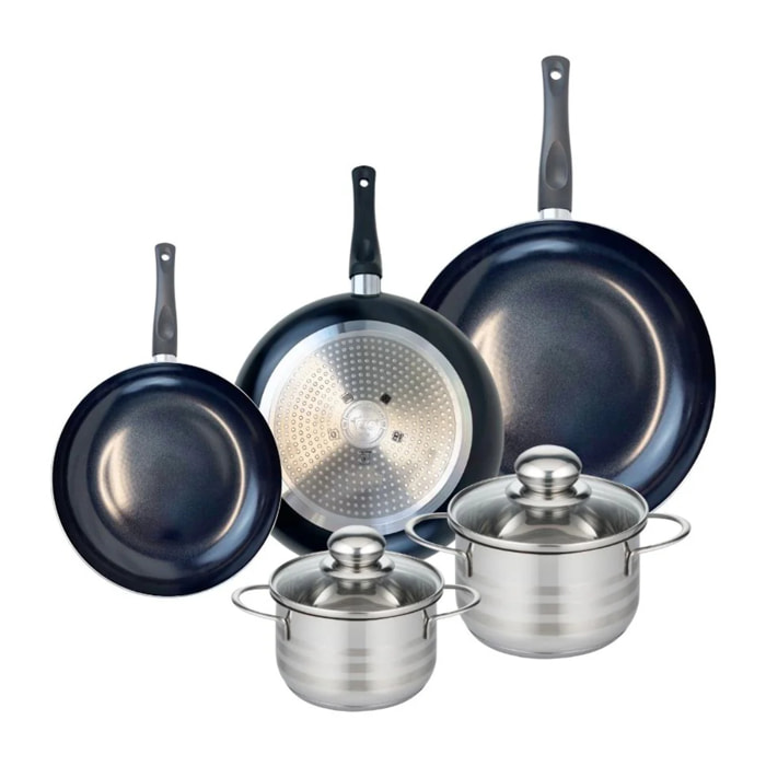 Ensemble de 3 Poêles de cuisson 20, 24 et 28 cm et 2 faitouts 14 et 16 cm Elo Prima Brillant