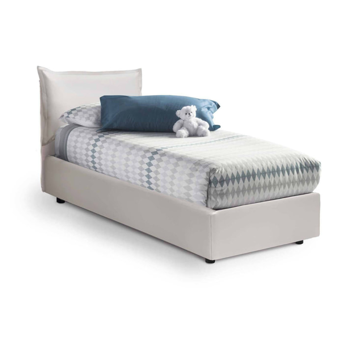 Letto singolo Alzavola, Letto contenitore con rivestimento in ecopelle, 100% Made in Italy, Apertura laterale, con materasso Cm 80x190 incluso, Bianco