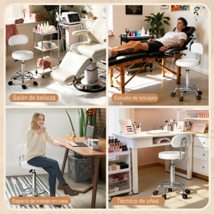 Taburete Giratorio Taburete con Ruedas y Respaldo Taburete de Trabajo con Altura Regulable 70-86 cm Asiento Tapizado de Cuero Sintético Blanco