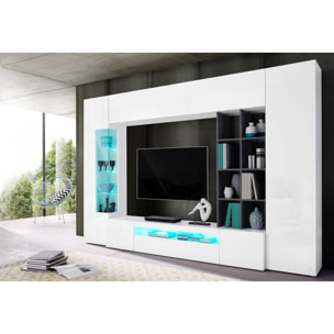 Parete attrezzata da soggiorno, Made in Italy, con luce LED blu, Base porta TV e pensili e scaffali, cm 290x40h192, colore Bianco lucido e Grigio Cenere