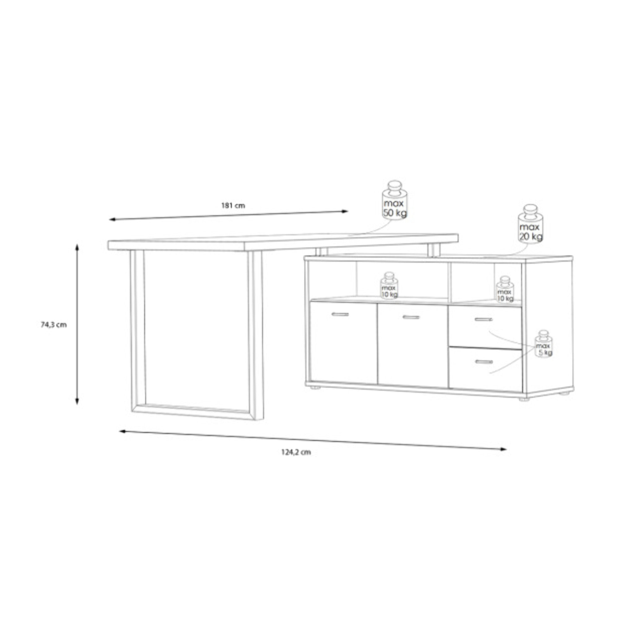 Bureau d'angle 2 placards 2 tiroirs 181 cm décor bois chêne - GOTHAM