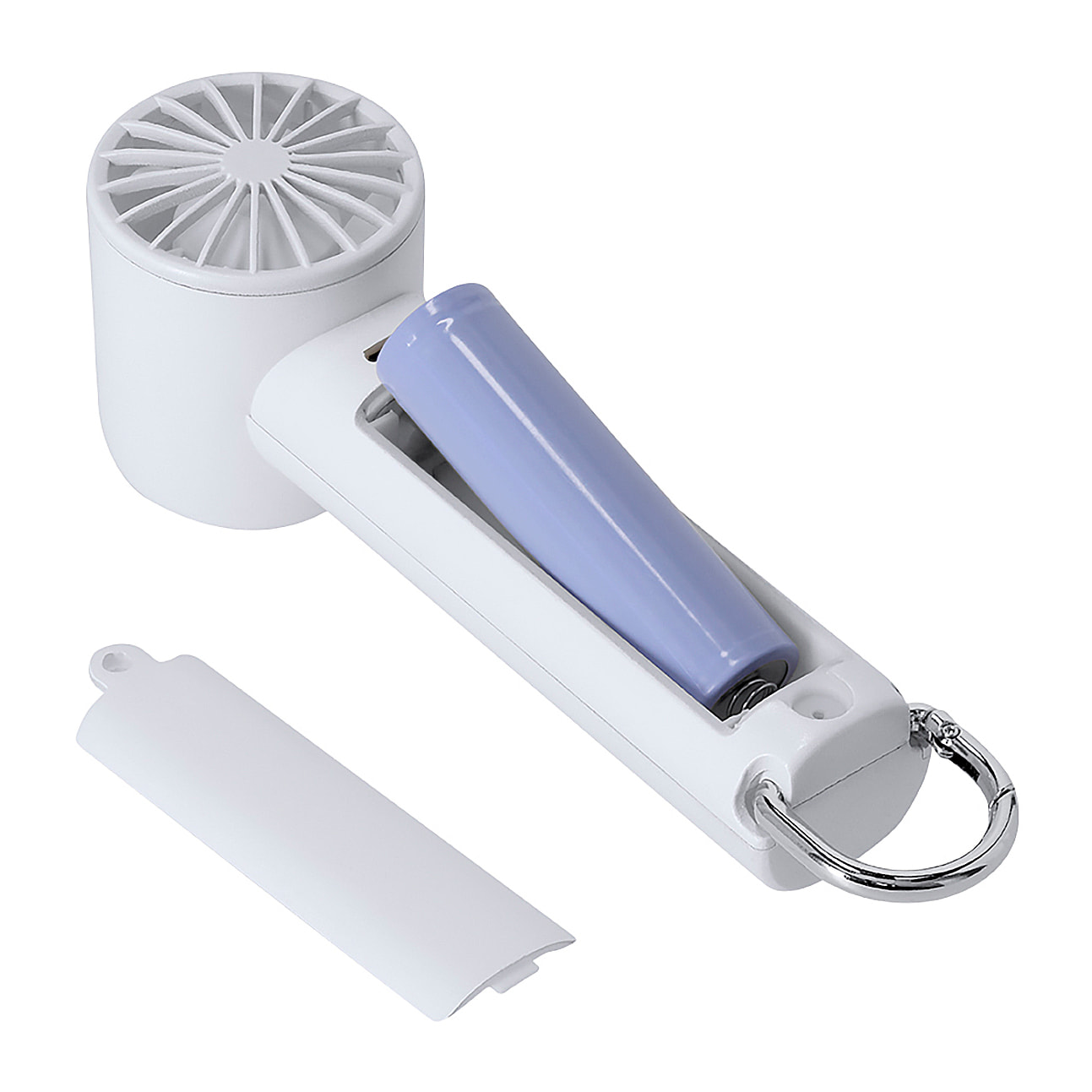 Ventilatore portatile con 3 velocità, batteria ricaricabile e sostituibile da 1200 mAh. Include un moschettone in alluminio con funzione di supporto e design compatto per l'uso quotidiano.