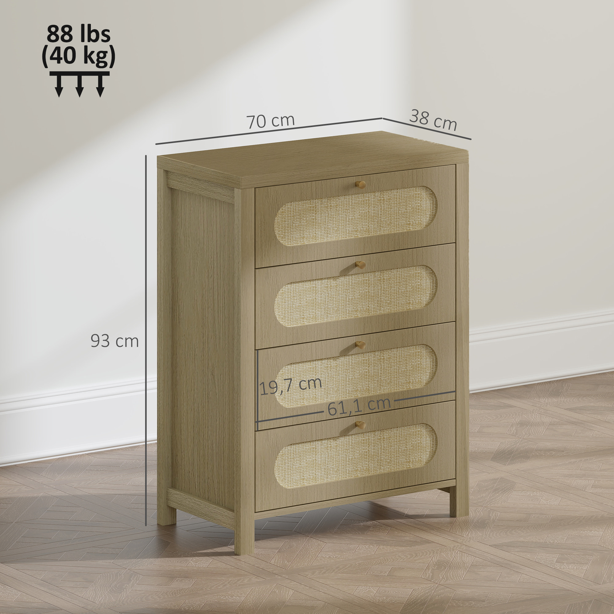 Commode 4 tiroirs style bohème effet rotin poignées métal doré 70 x 38 x 93 cm effet bois naturel
