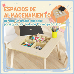 Juego de Mesa y 2 Sillas Infantiles de Madera, Mesa Infantil con Sillas, con Pizarra, Respaldo en Forma de Osito y Compartimentos, para Niños, para Guardería, Dormitorio, Natural y Blanco