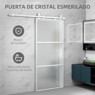 Puerta Corredera con Herrajes Puerta Corredera de Cristal con Mecanismo Cierre Suave para Baño Salón Sala de Estar Cocina 91,4x203,2 cm Blanco