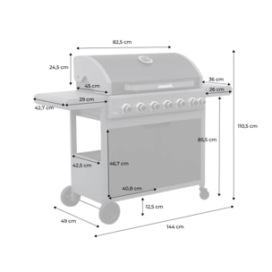 Barbecue au gaz Edmond noir - 6 brûleurs + 1 feu latéral. avec thermomètre. L 132x P62 x H143 cm