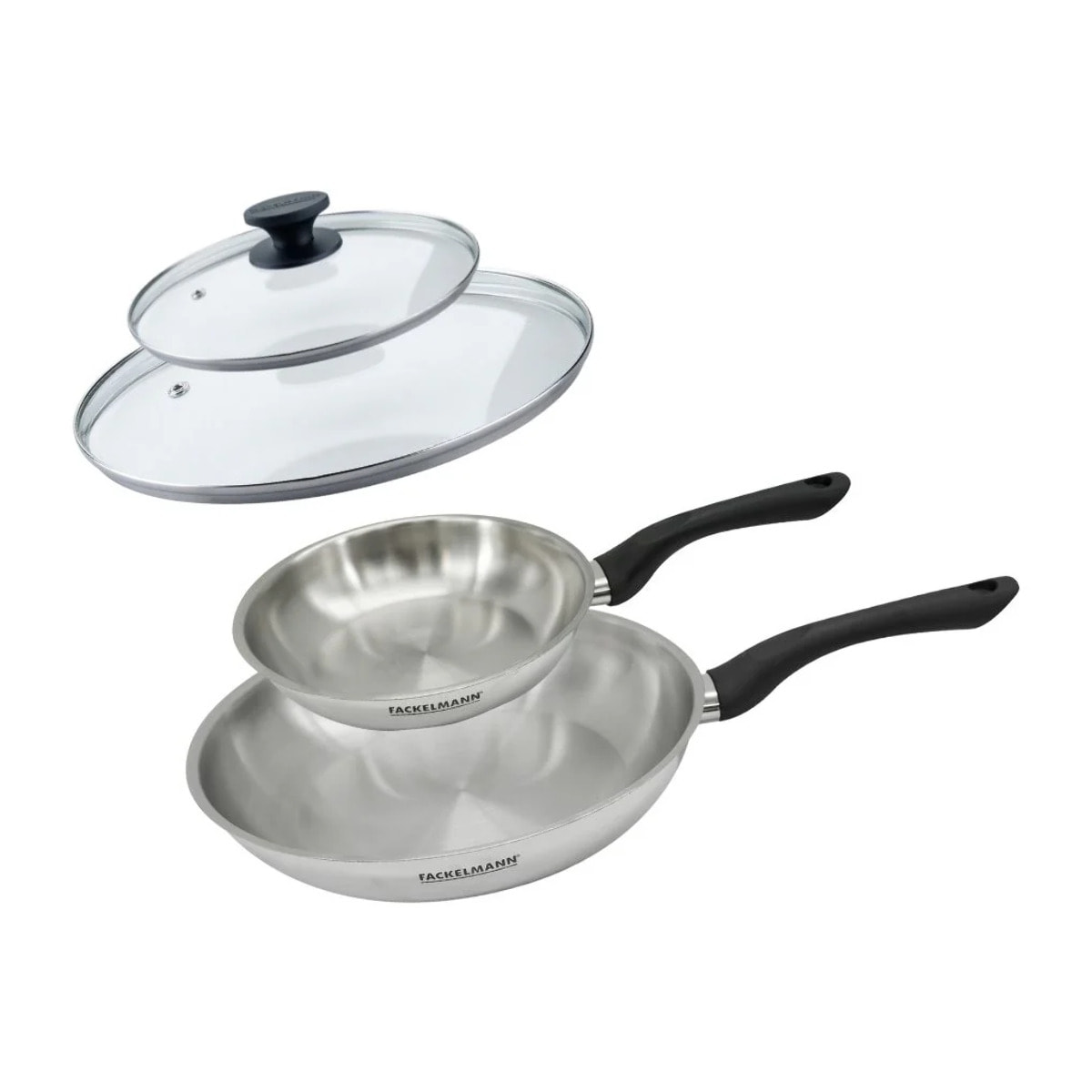 Set 2 poêles en inox et couvercles verres Fackelmann Geneva