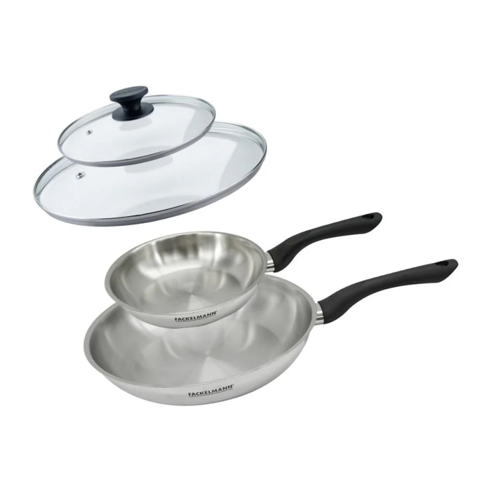 Set 2 poêles en inox et couvercles verres Fackelmann Geneva