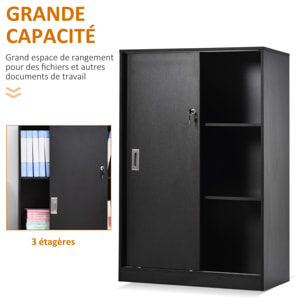 Armoire de bureau 2 portes coulissantes verrouillables dim. 80L x 40l x 120H cm 2 étagères panneaux particules noir