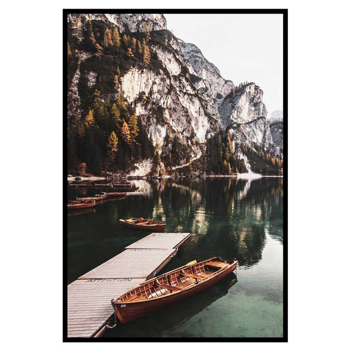 Affiche encadrée lac de montagne et barques en bois Affiche + cadre en métal - Noir
