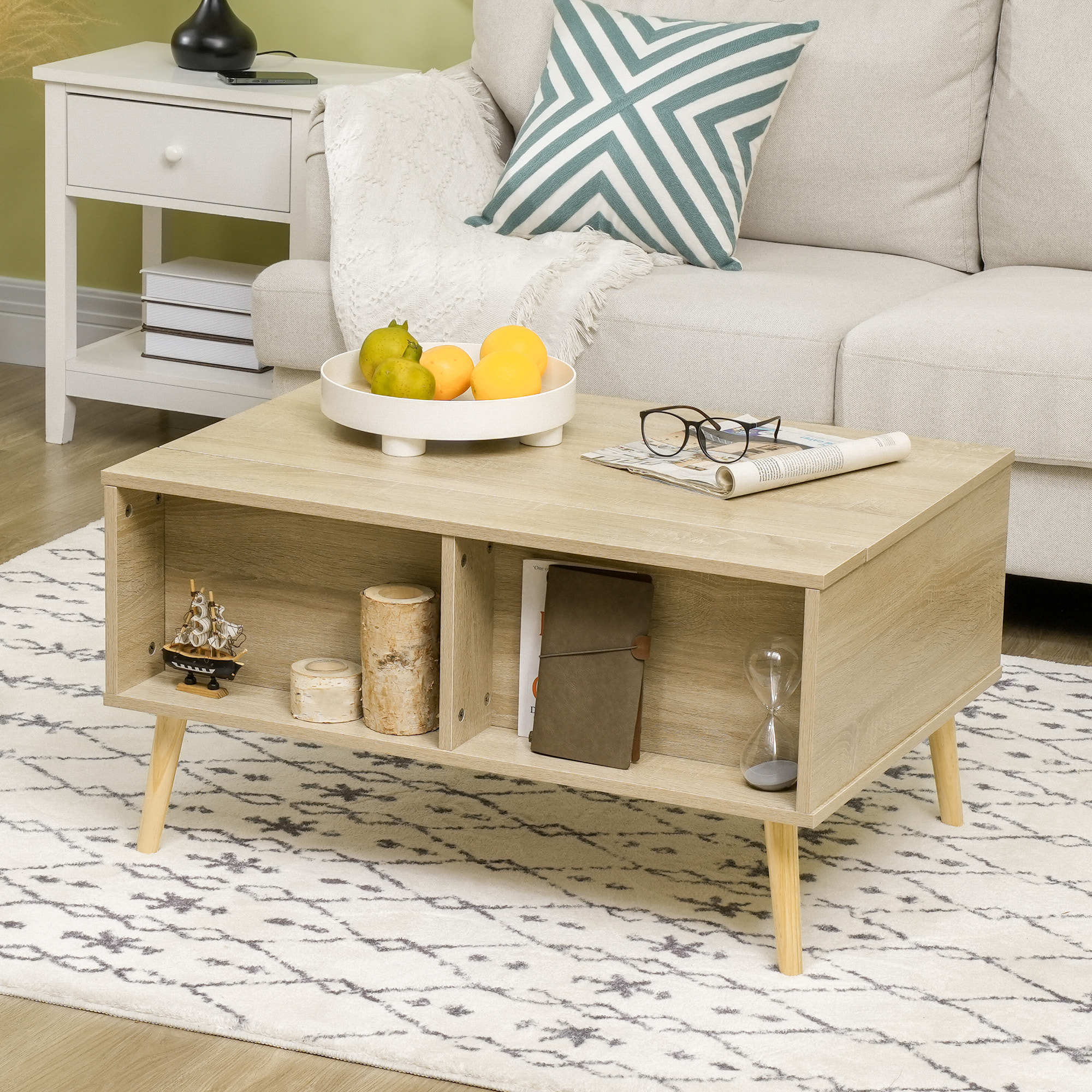 Table basse relevable - 2 niches, coffre de rangement - dim. 85L x 60l x 59,5H cm - aspect bois chêne clair