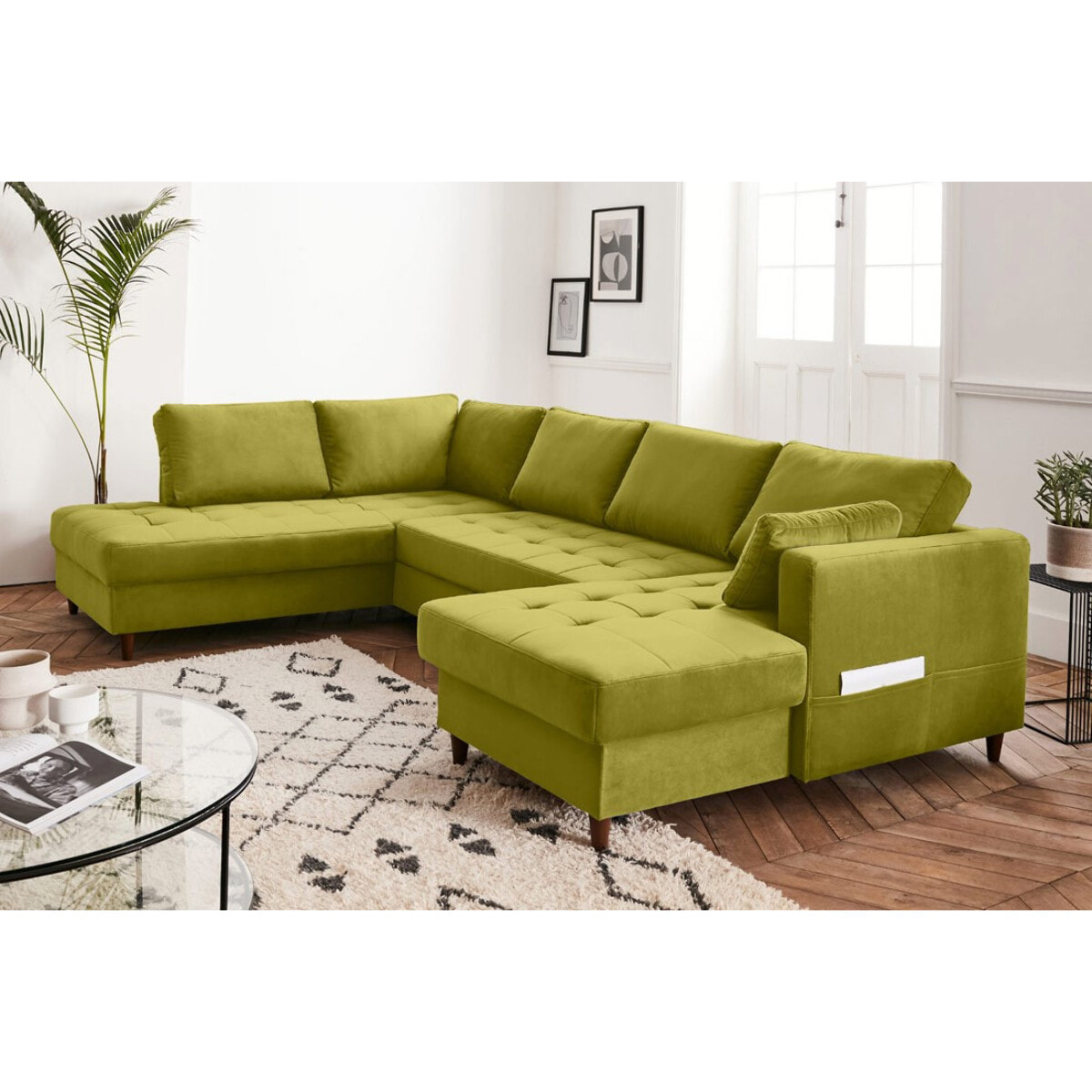 Anna - canapé panoramique d'angle gauche - 7 places - convertible avec coffre - en velours - Vert Olive
