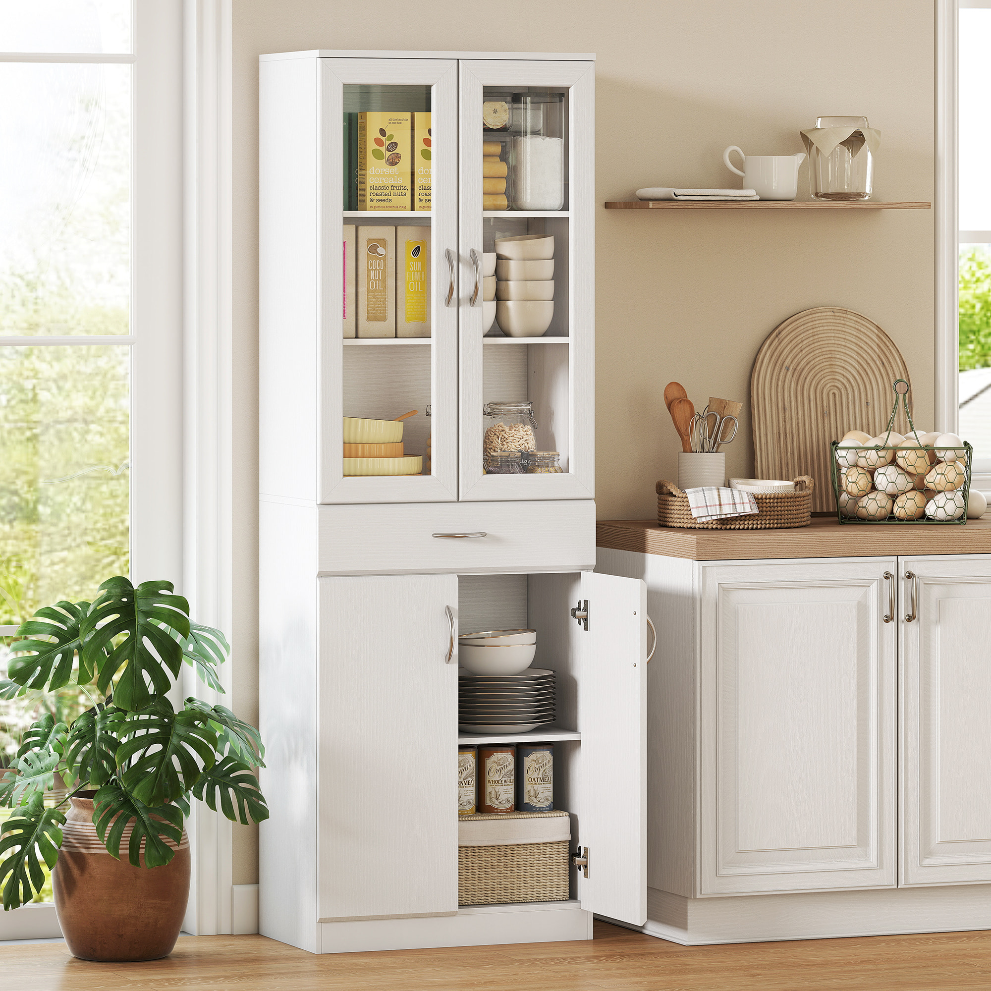 Alacena de Cocina, Mueble Auxiliar de Cocina con Puertas de Vidrio, Cajón, Estantes Ajustables, para Comedor, Salón, Blanco, 60x35x180 cm