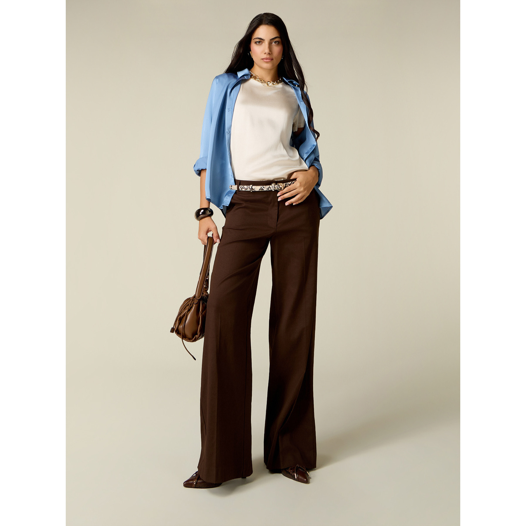 Oltre - Pantaloni palazzo in twill misto cotone - Marrone