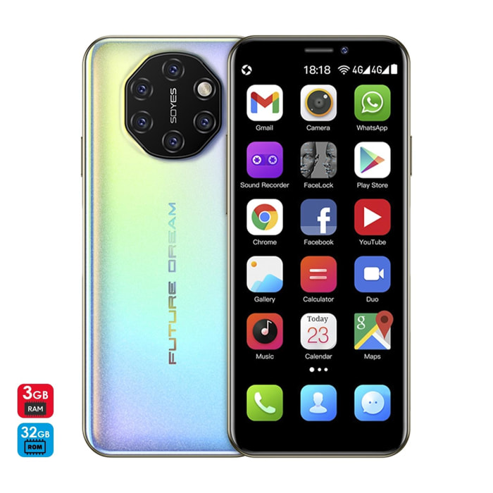 DAM Mini smartphone S10i 4G, Android, 3GB RAM + 32GB. Schermo da 3,46''. Doppia scheda SIM. 4,5x1,2x10,2 centimetri. Colore: oro