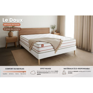 Ensemble Matelas Le Doux - 24cm - Mémoire de forme - Zéro transfert de mouvement - Sommier Tapissier Blanc
