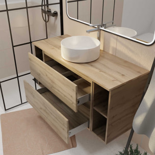 Meuble de salle de bains 120 TIMBER Décor Chêne 2 tiroirs - Vasque blanche à poser Miroir LED 100x70