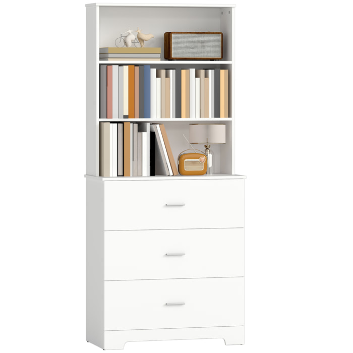 Estantería para Libros de 6 Niveles, Librería con 3 Cajones, 3 Estantes Abiertos, Armario Alto para Salón, Estudio, Oficina, 79x39,5x182,2 cm, Blanco