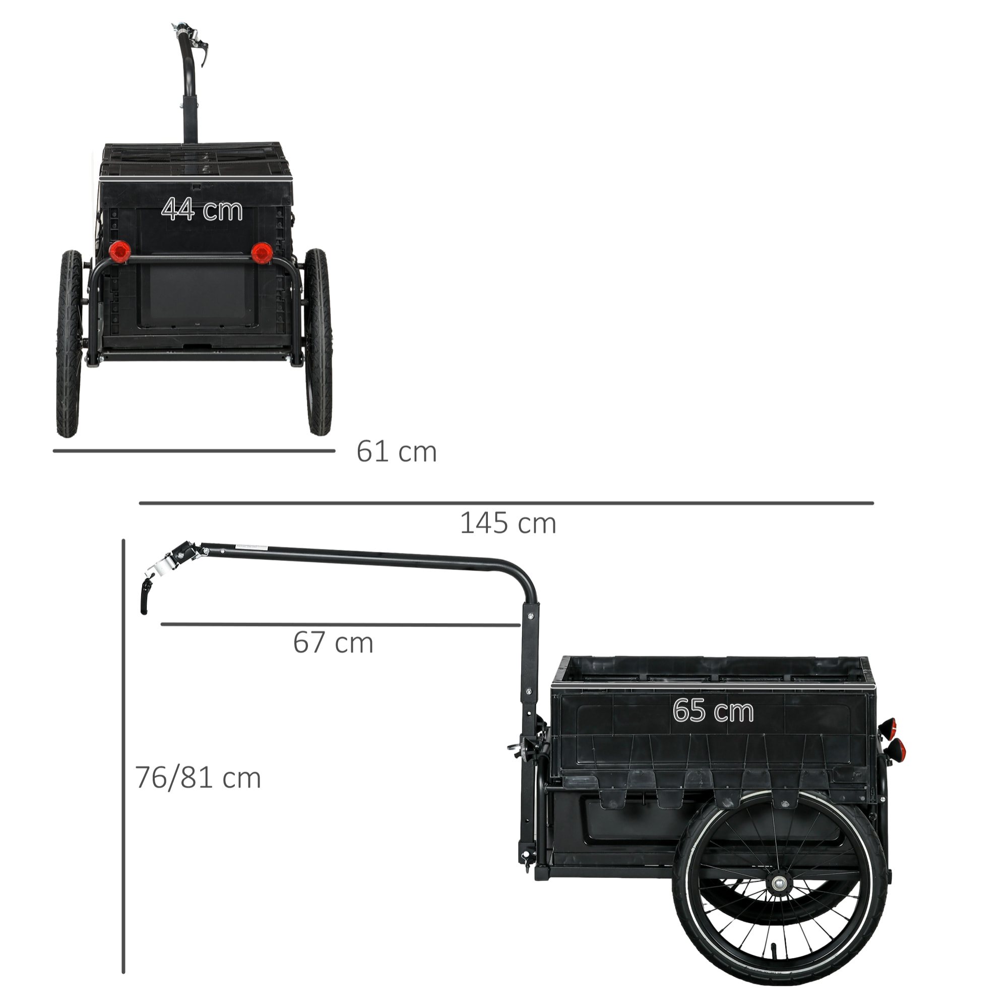 Remorque vélo cargo - coffre pliable amovible 65L - réflecteurs, drapeau - pneus 16'' acier PP noir
