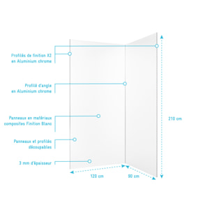 Lot de 2 Panneaux Muraux Aluminium Blanc 90+120 x 210 cm avec Profilés Chrome - WALL'IT