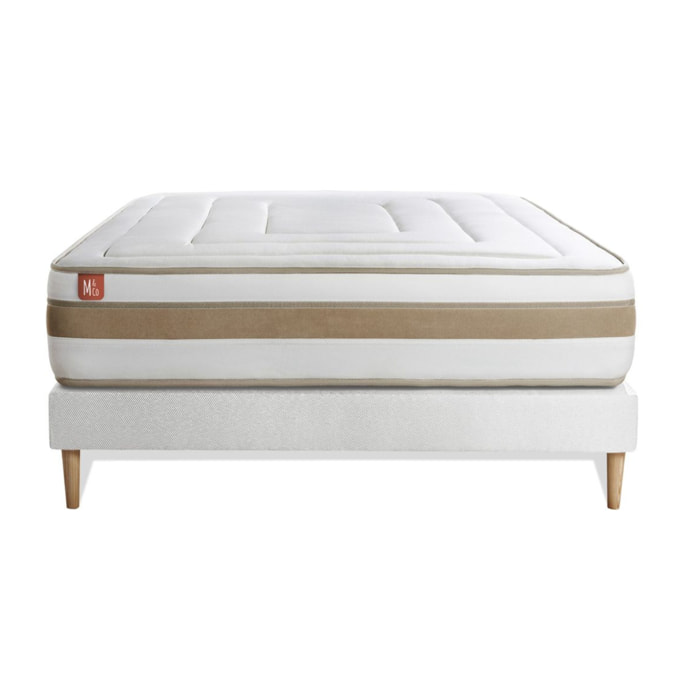 Ensemble Matelas Le Raffiné - 26cm - Ressorts ensachés et mémoire de forme - Confort haut de gamme, impact réduit. - Sommier kit Blanc
