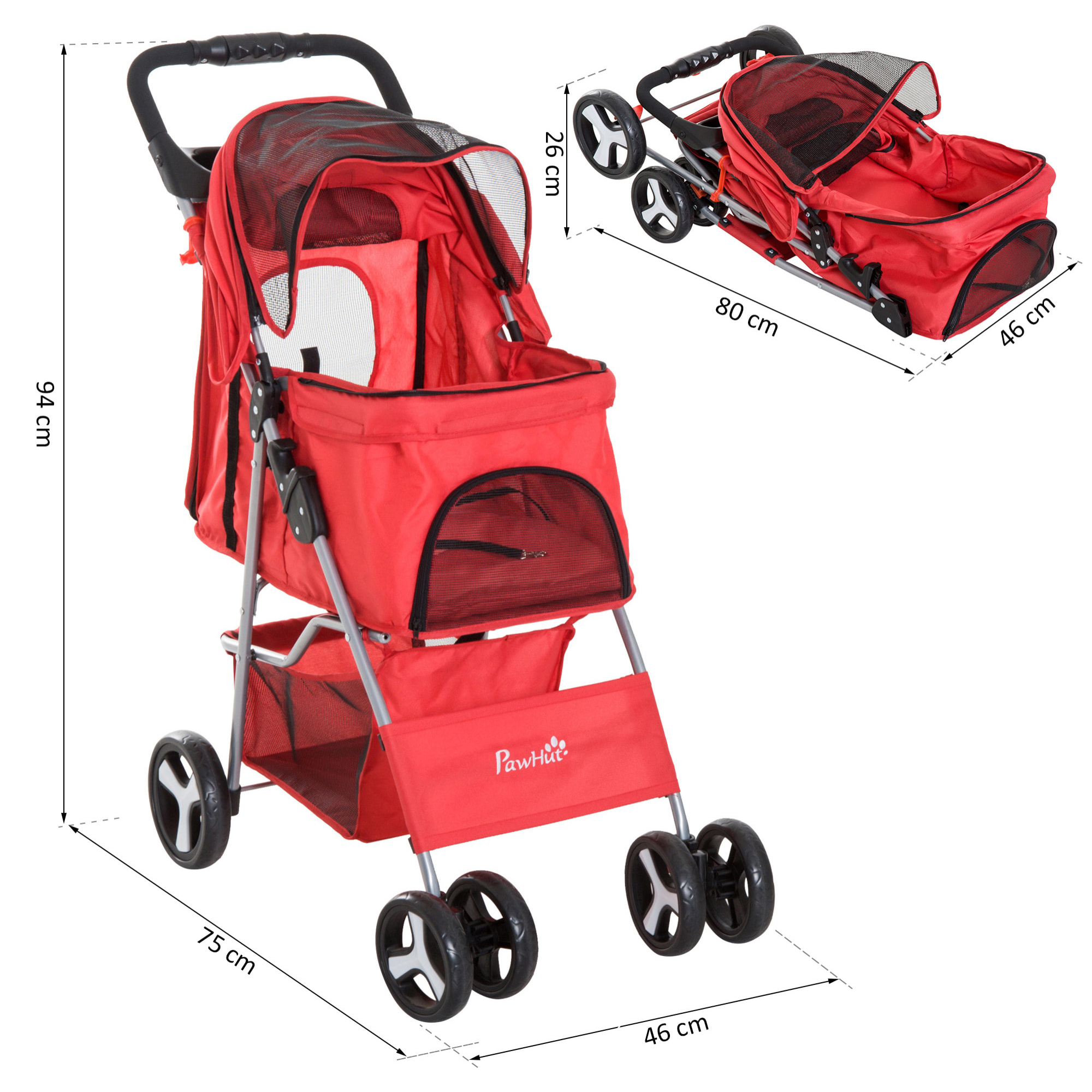 Poussette buggy pour chiens 75L x 46l x 94H cm pliable imperméable tissu 600D Oxford 4 roues rouge