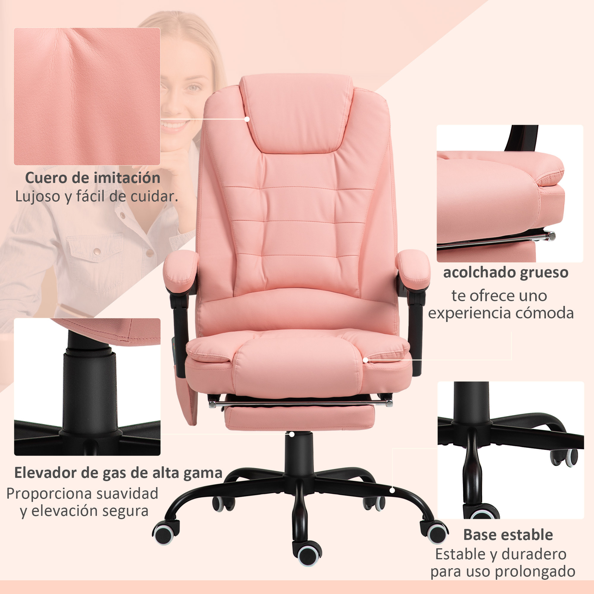 Silla de Oficina con 7 Puntos de Masaje Silla de Masaje Giratoria Silla de Escritorio con Reposapiés Retráctil Altura Ajustable Control Remoto y Tejido de PU Rosa