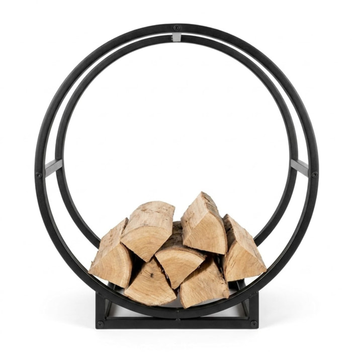Portalegna in acciaio Baines 55 cm, supporto legna design circolare moderno nero opaco, organizer per camino e stufa resistente e stabile, salvaspazio elegante per soggiorno veranda e area barbecue