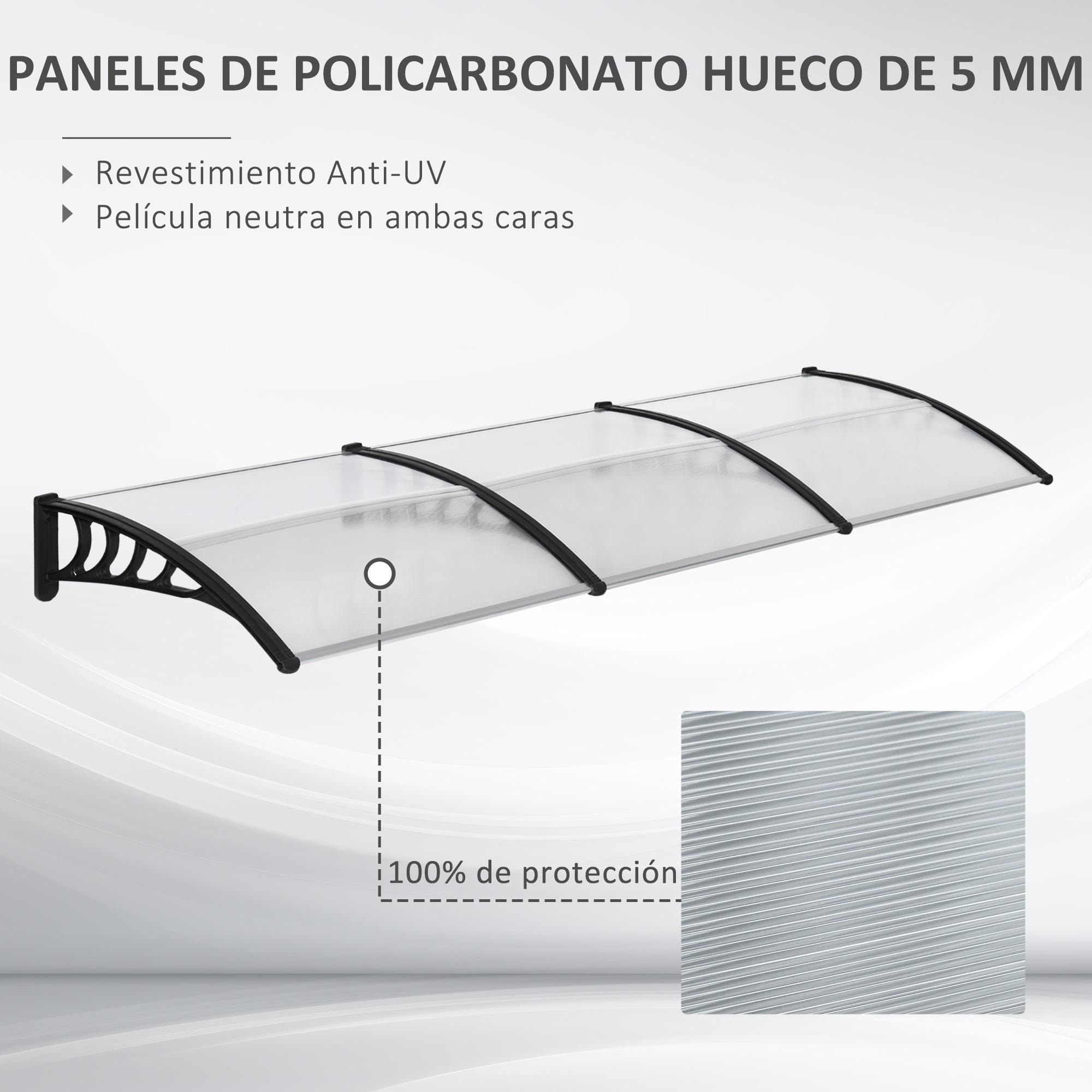 Tejadillo de Protección 303x96 cm Marquesina Exterior para Puertas y Ventanas contra Sol y Lluvia con Soporte de Aleación de Aluminio PP Policarbonato Transparente