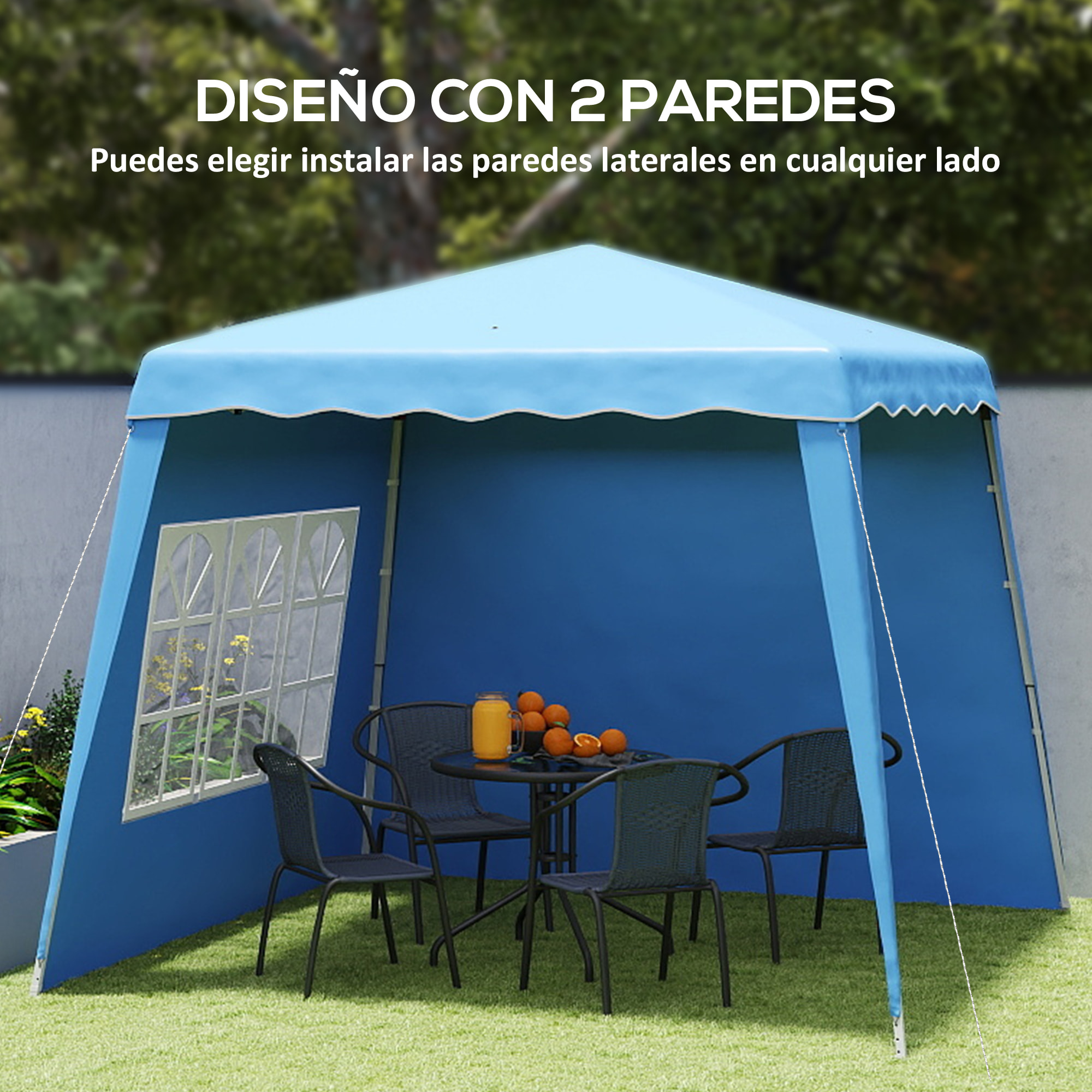 Carpa Plegable Pop-up 3x3 m Cenador Pabellón de Jardín con 2 Paredes Laterales Altura Ajustable y Bolsa de Transporte Protección UV50+ Impermeable Gazebo para Camping Fiestas Exterior Azul